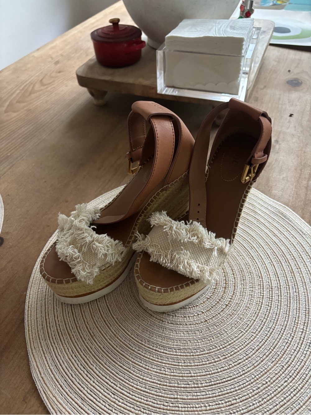 See by Chloe Fringe Espadrille Wedge Sandals - Tan & Cream